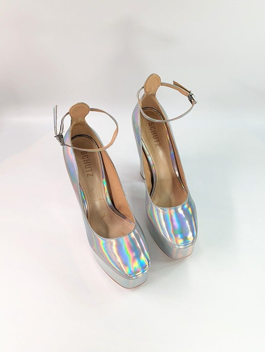 Schutz Renee Women's Ankle Strap Platform Pump Hologram Size 7.5 B (MSRP $158)