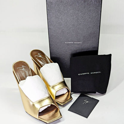 Giuseppe Zanotti MYA 105 Open-Toe Mule Gold Laminated Leather Size 37 MSRP $750