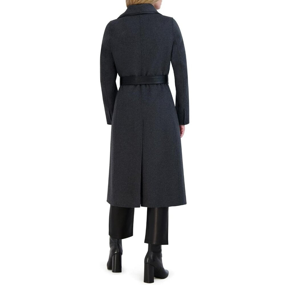 Tahari Women's Faux-Leather-Trim Removable Belted Wrap Coat Size L (MSRP $380)
