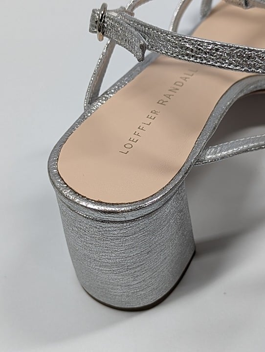 Loeffler Randall Women's Elena Heel Sandal Silver Leather Size 6.5 (MSRP $350)