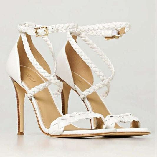 Michael Kors Women's Astrid White Leather Braided Heel Sandal Size 8.5 MSRP $145