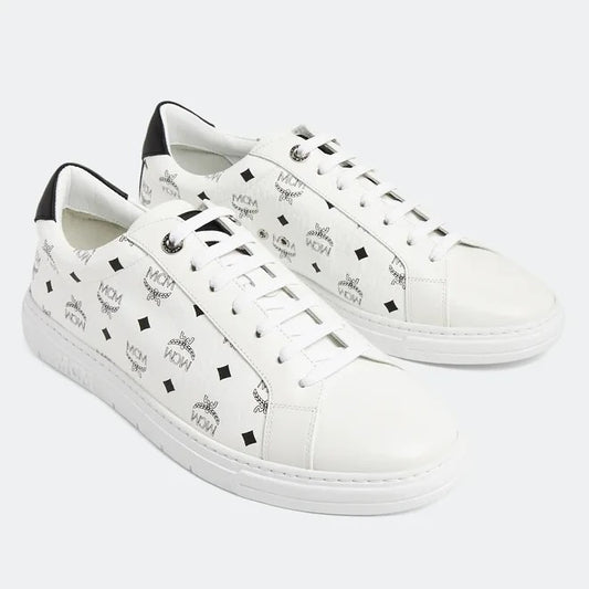 MCM Men's Terrain Derby Visetos Logo White Leather Sneaker Size 46 (MSRP $450)