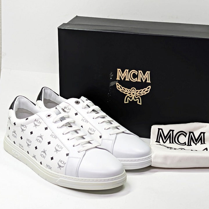 MCM Men's Terrain Derby Visetos Logo White Leather Sneaker Size 46 (MSRP $450)
