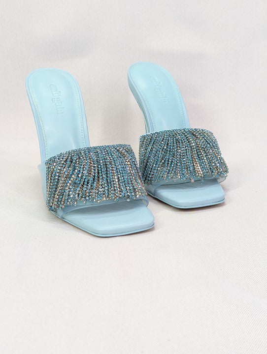 Cult Gaia Lana Pale Sky Sandals with Rhinestone Fringe Size 36 (MSRP $568)