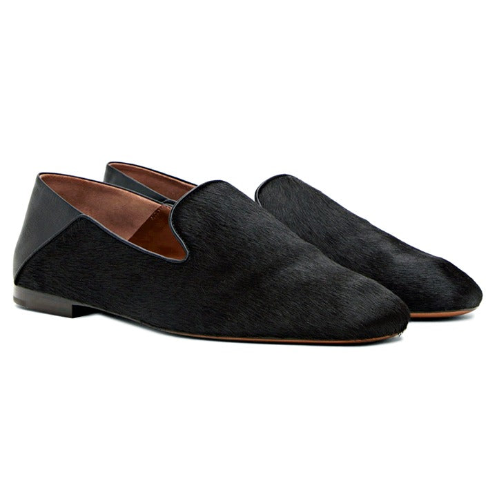 Wales Bonner Men's Black Calf Hair Slip On Moccasin Loafers Size 43 (MSRP $775)