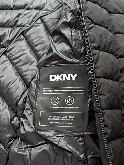 DKNY Women's Black Bibbed Hooded Lightweight Puffer Coat Size L (MSRP $285)