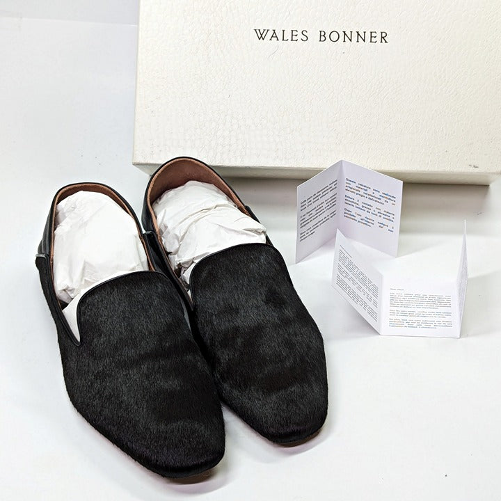 Wales Bonner Men's Black Calf Hair Slip On Moccasin Loafers Size 43 (MSRP $775)