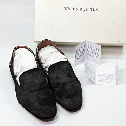 Wales Bonner Men's Black Calf Hair Slip On Moccasin Loafers Size 43 (MSRP $775)