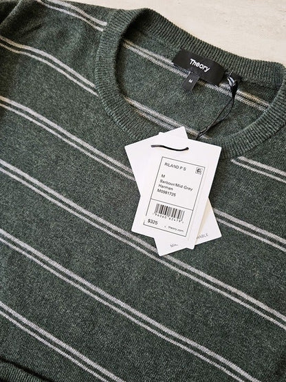 Theory Men's Riland Striped Pullover Sweater Crew Neck Green Size M (MSRP $325)