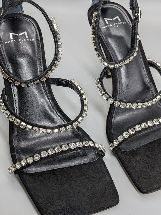 Marc Fisher Dezzi Rhinestone Ankle Strap Sandal Black Size 6.5 M (MSRP $150)