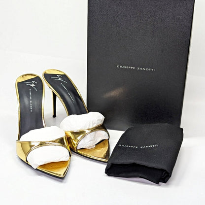 Giuseppe Zanotti Intrigo 90mm Gold Patent Mule Sandals Size 41 (MSRP $795)