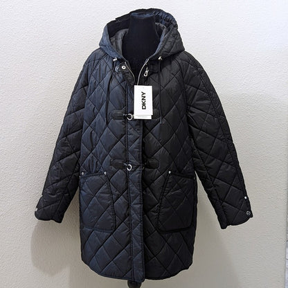 DKNY Women's Water Resistant Black Hooded Quilted Jacket Size XXL (MSRP $180)