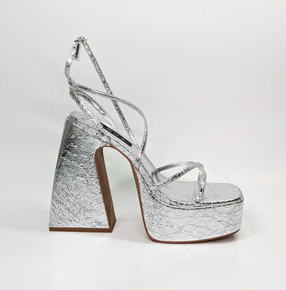 Aqua Chance Strappy Open Toe Platform Block Heels Silver Size 8 (MSRP $118)