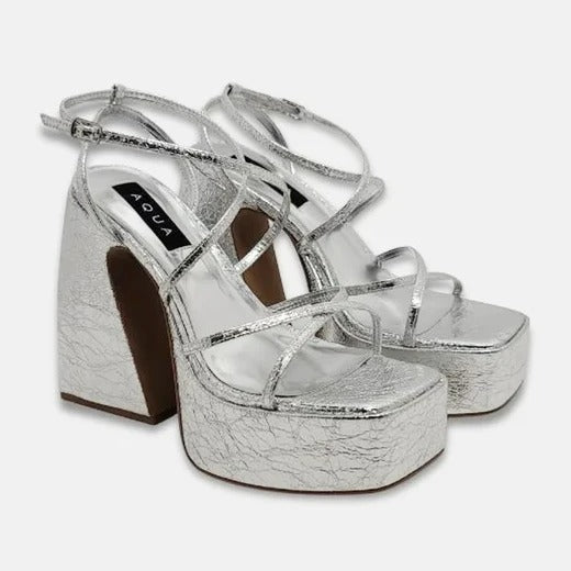 Aqua Chance Strappy Open Toe Platform Block Heels Silver Size 8 (MSRP $118)