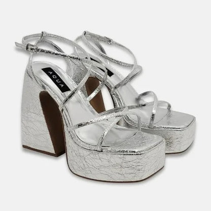 Aqua Chance Strappy Open Toe Platform Block Heels Silver Size 8 (MSRP $118)