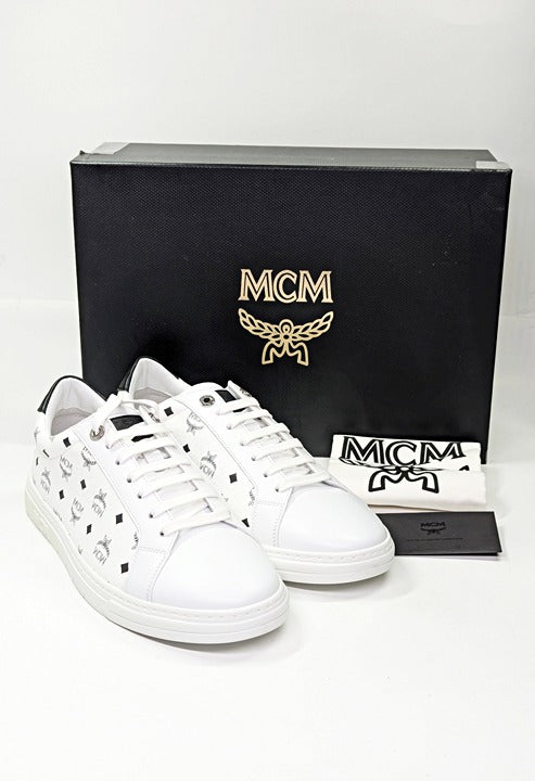 MCM Men's Terrain Derby Visetos Logo White Leather Sneakers Size 41 (MSRP $450)