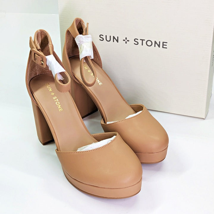 Sun + Stone Women's Birdey Nude Ankle Strap Platform Pumps Size 9.5 (MSRP $80)