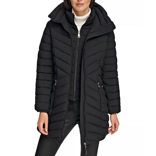 DKNY Women's Black Bibbed Hooded Lightweight Puffer Coat Size L (MSRP $285)