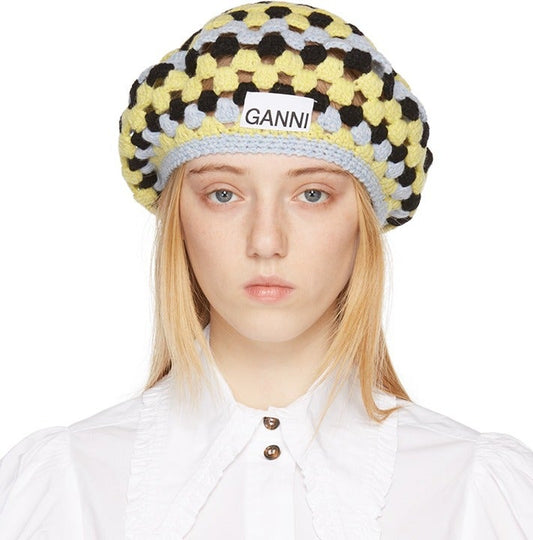 Ganni Women's Lambswool Crochet Beret Tricolor (MSRP $195)