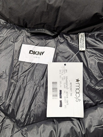DKNY Women's Black Bibbed Hooded Lightweight Puffer Coat Size L (MSRP $285)