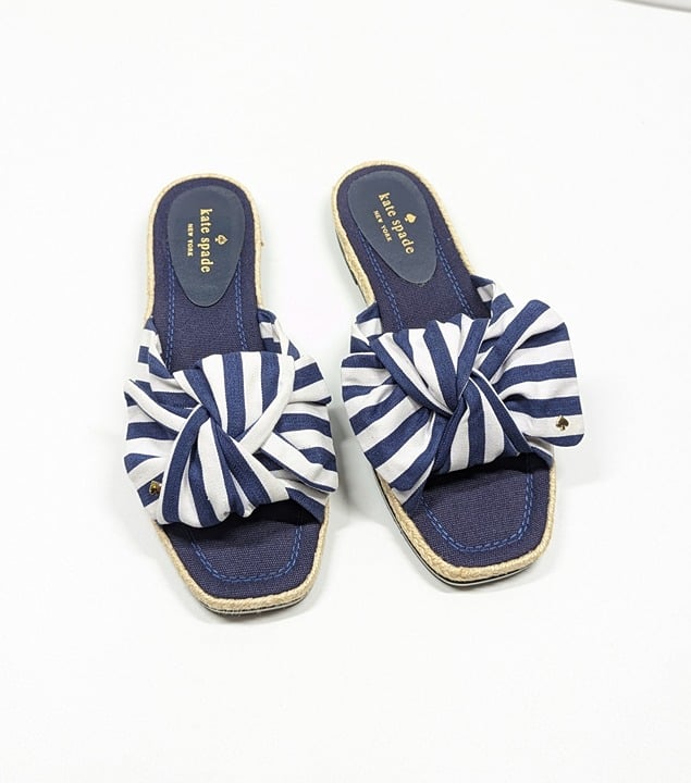 Kate Spade Women's Caliana Navy Striped Bow Flat Sandals Size 8.5 MSRP $138