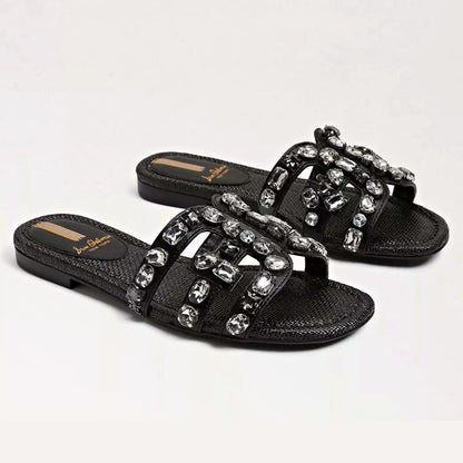 Sam Edelman Women's Bay 16 Embellished Black Leather Sandals Size 9 (MSRP $140)