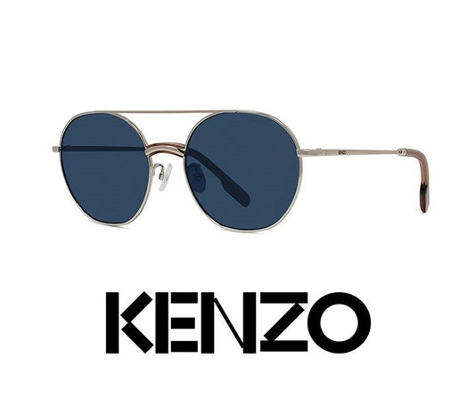 Kenzo KZ40097U Unisex Brow Bar Round Metal Gold & Blue Lens Sunglasses MSRP $180