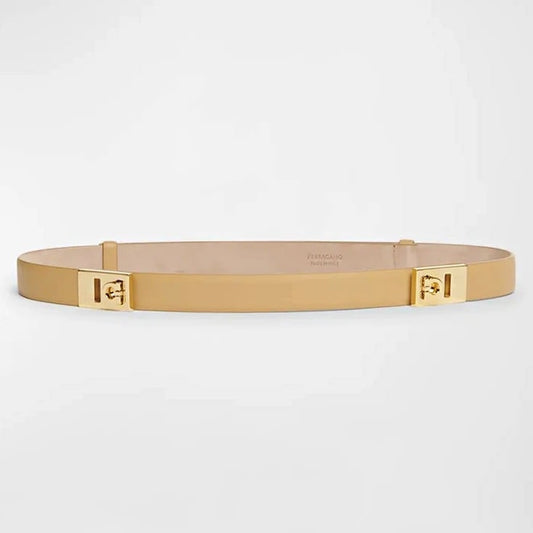 Ferragamo Hug Leather Belt With Double Gancini Buckle Light Camel (MSRP $695)