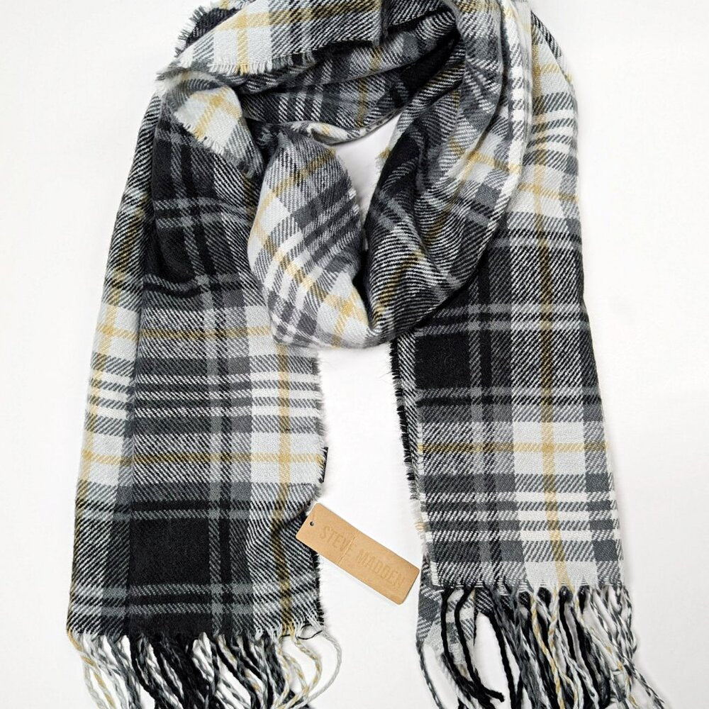 Steve Madden Women's Black Tartan Plaid Scarf with Fringe Detail O/S (MSRP $30)