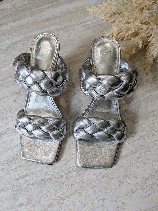 Marc Fisher Hammy Braided Leather Heeled Sandals Silver Size 6.5 (MSRP $165)