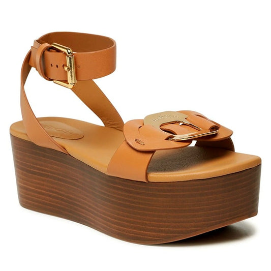 See by Chloé Women's Chany Logo Tan Wedge Platform Sandals Size 37 (MSRP $495)