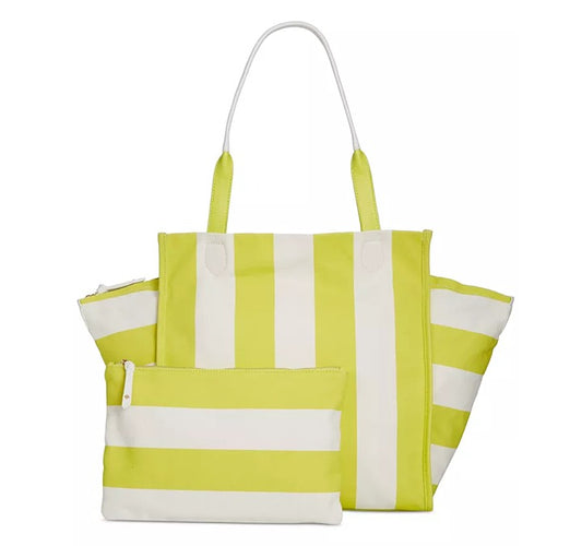 On 34th Cynthiah Extra Large Canvas Shoulder Tote Bag Lemonlime Stripe MSRP $90