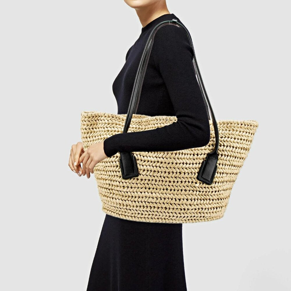 Bottega Veneta Arco Women's Raffia Tote Bag Leather Pouch in Black (MSRP $3,000)