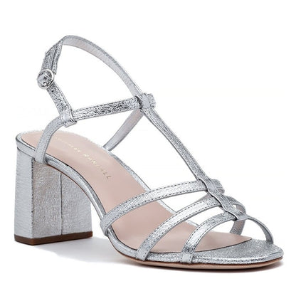 Loeffler Randall Women's Elena Heel Sandal Silver Leather Size 6.5 (MSRP $350)