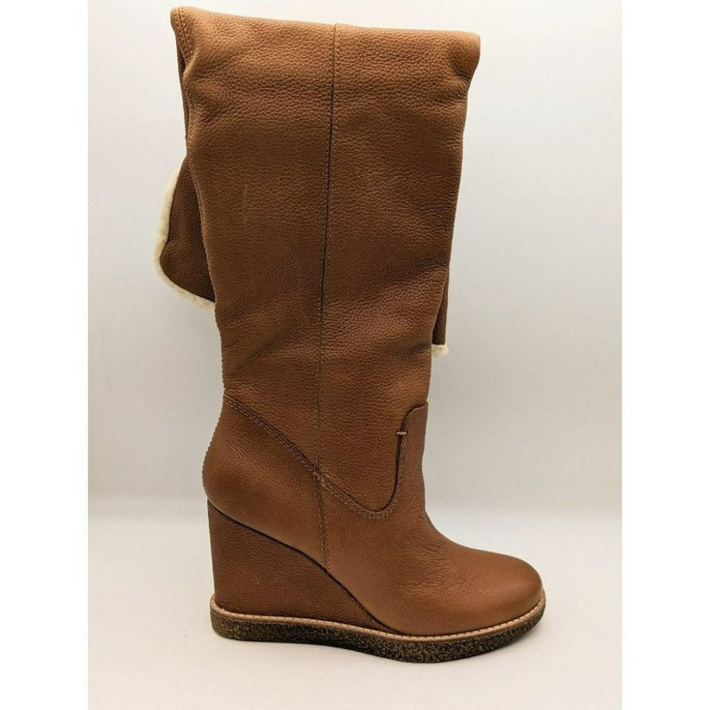 Dolce Vita Cognac Brown Fur Trim Perly Wedge Leather Boot Size 7.5 (MSRP $302)