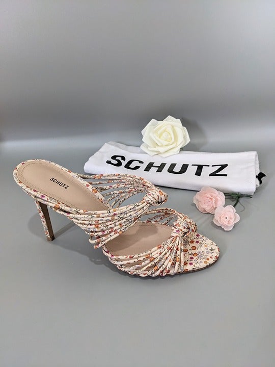 SCHUTZ Chandra Women's Leather Floral Print Slides Heels Size 8 M