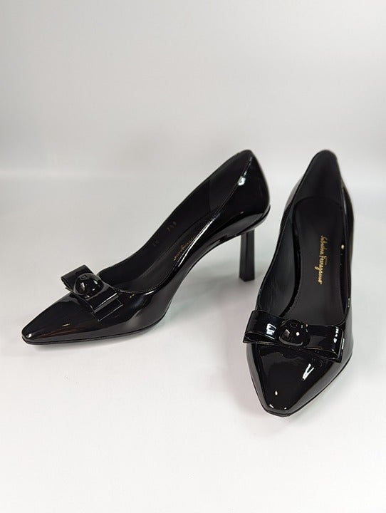 Ferragamo Women's Katrin 70mm Patent Pump Black Patent Size 7.5 (MSRP $895)