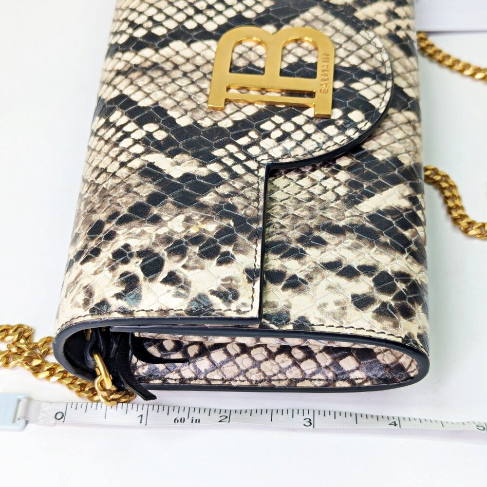 Balmain B-Buzz Snakeskin-Embossed Leather Gold Chain Clutch Wallet (MSRP $1,095)