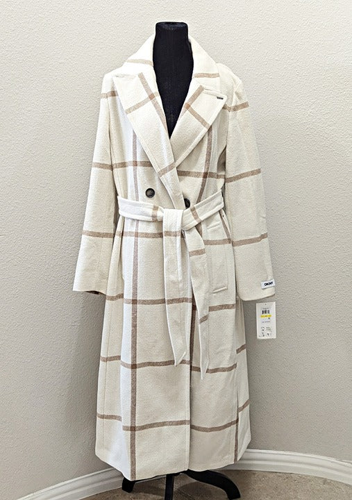 DKNY Women's Plaid Maxi Belted Notch Collar Coat Size M (MSRP $350)