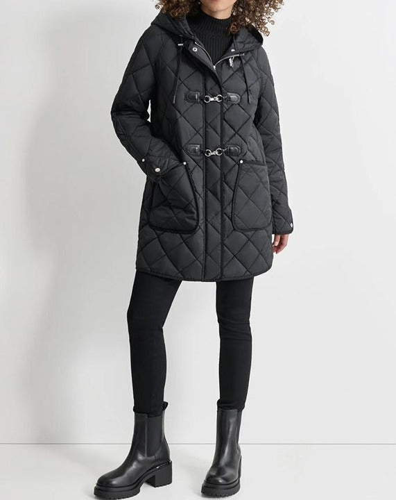 DKNY Women's Water Resistant Black Hooded Quilted Jacket Size XXL (MSRP $180)