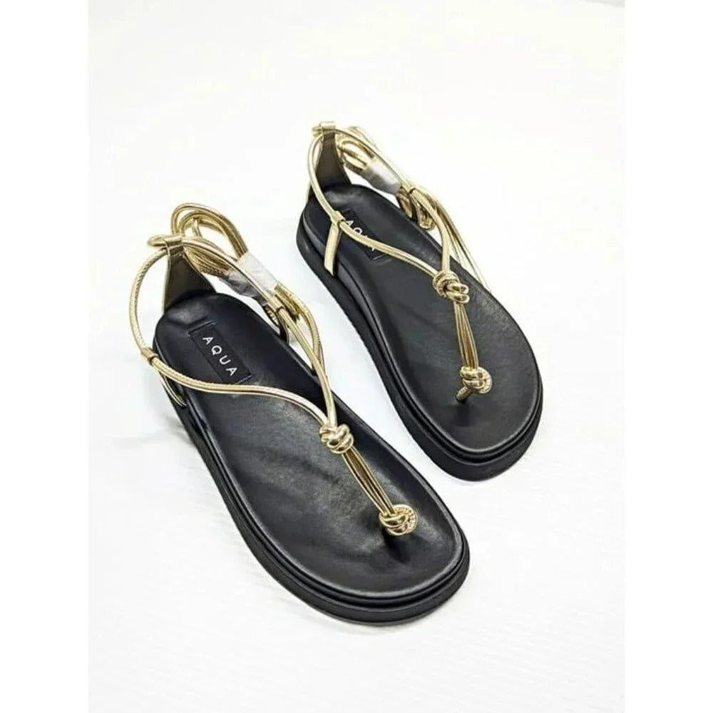 Aqua Muse Women's Strappy Gold Faux Leather Strappy Sandals Size 8 (MSRP $118)