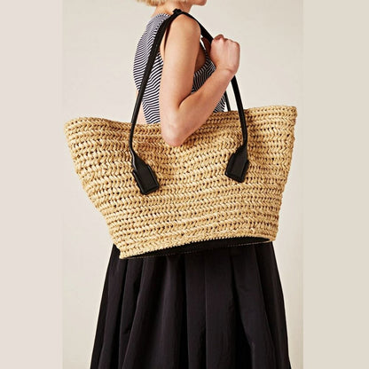 Bottega Veneta Arco Women's Raffia Tote Bag Leather Pouch in Black (MSRP $3,000)