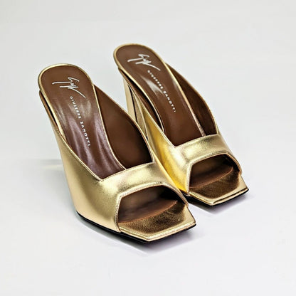 Giuseppe Zanotti MYA 105 Open-Toe Mule Gold Laminated Leather Size 37 MSRP $750