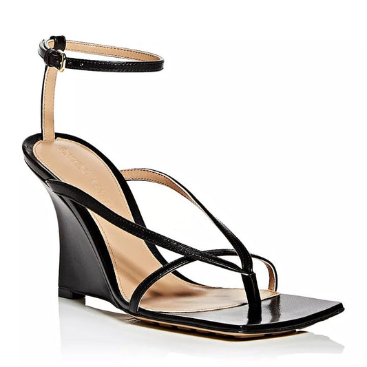 Bottega Veneta Women's Black Stretch Strappy Wedge Sandals Size 38.5 MSRP $1,100