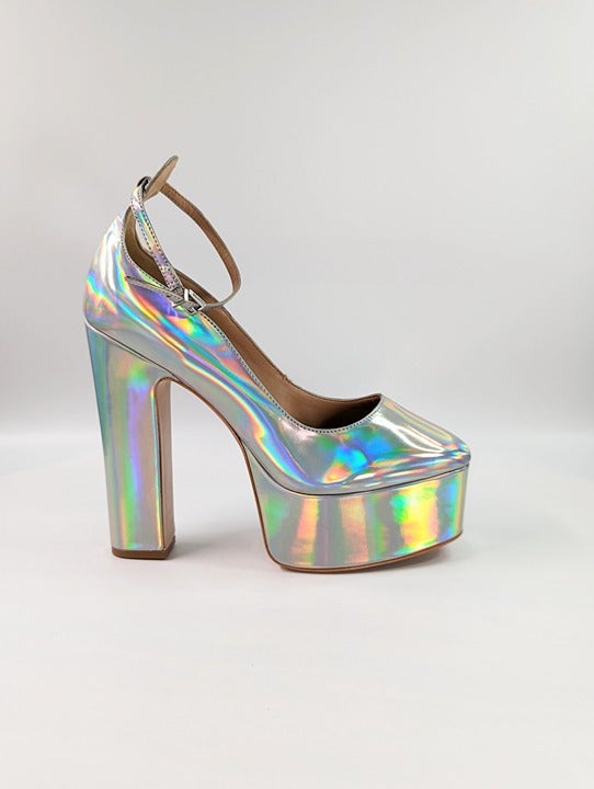 Schutz Renee Women's Ankle Strap Platform Pump Hologram Size 9 B (MSRP $158)