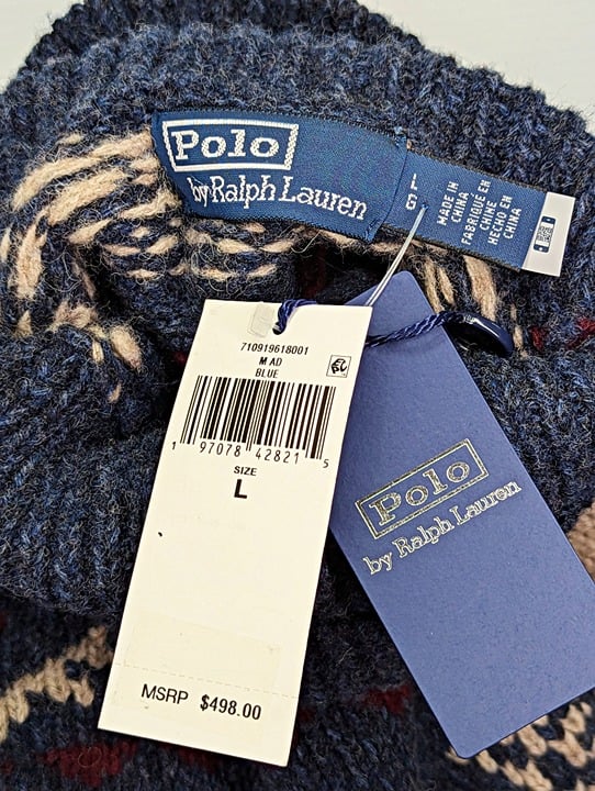 Polo Ralph Lauren Men's Blue Fair Isle-Knit Wool Blend Sweater Size L MSRP $498