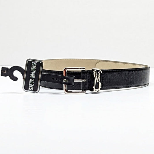 Steve Madden Women's Black Faux Leather Belts Silver Buckle SM Logo Size L