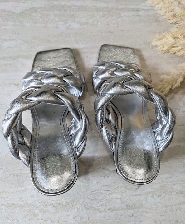 Marc Fisher Hammy Braided Leather Heeled Sandals Silver Size 9 M (MSRP $165)