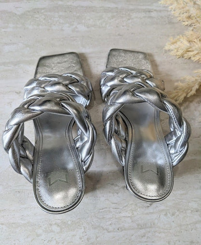 Marc Fisher Hammy Braided Leather Heeled Sandals Silver Size 9 M (MSRP $165)