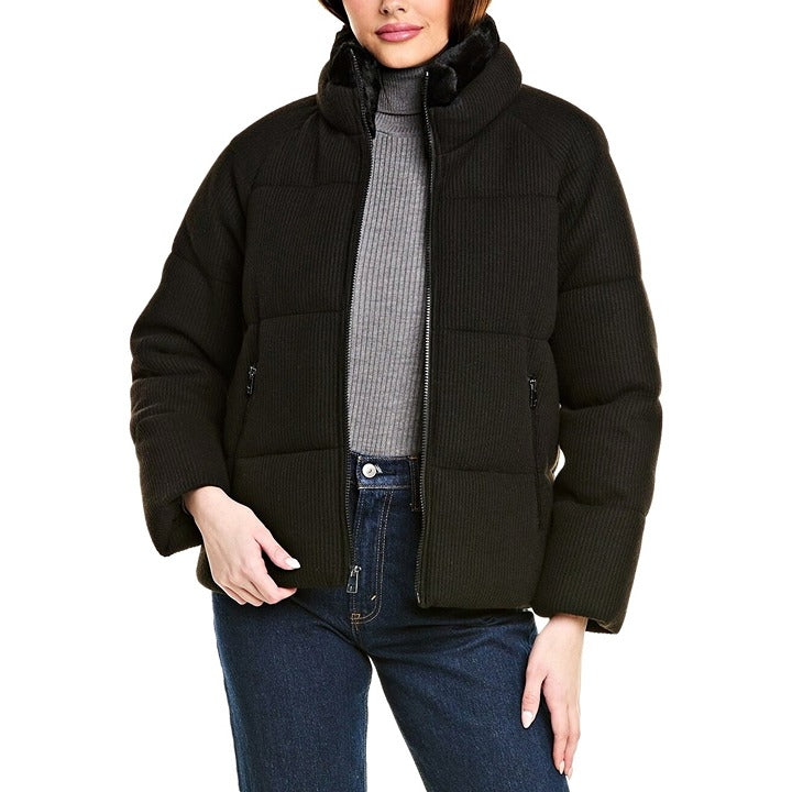 Tahari Women's Black Knit Faux-Fur-Collar Puffer Coat Size M (MSRP $280)